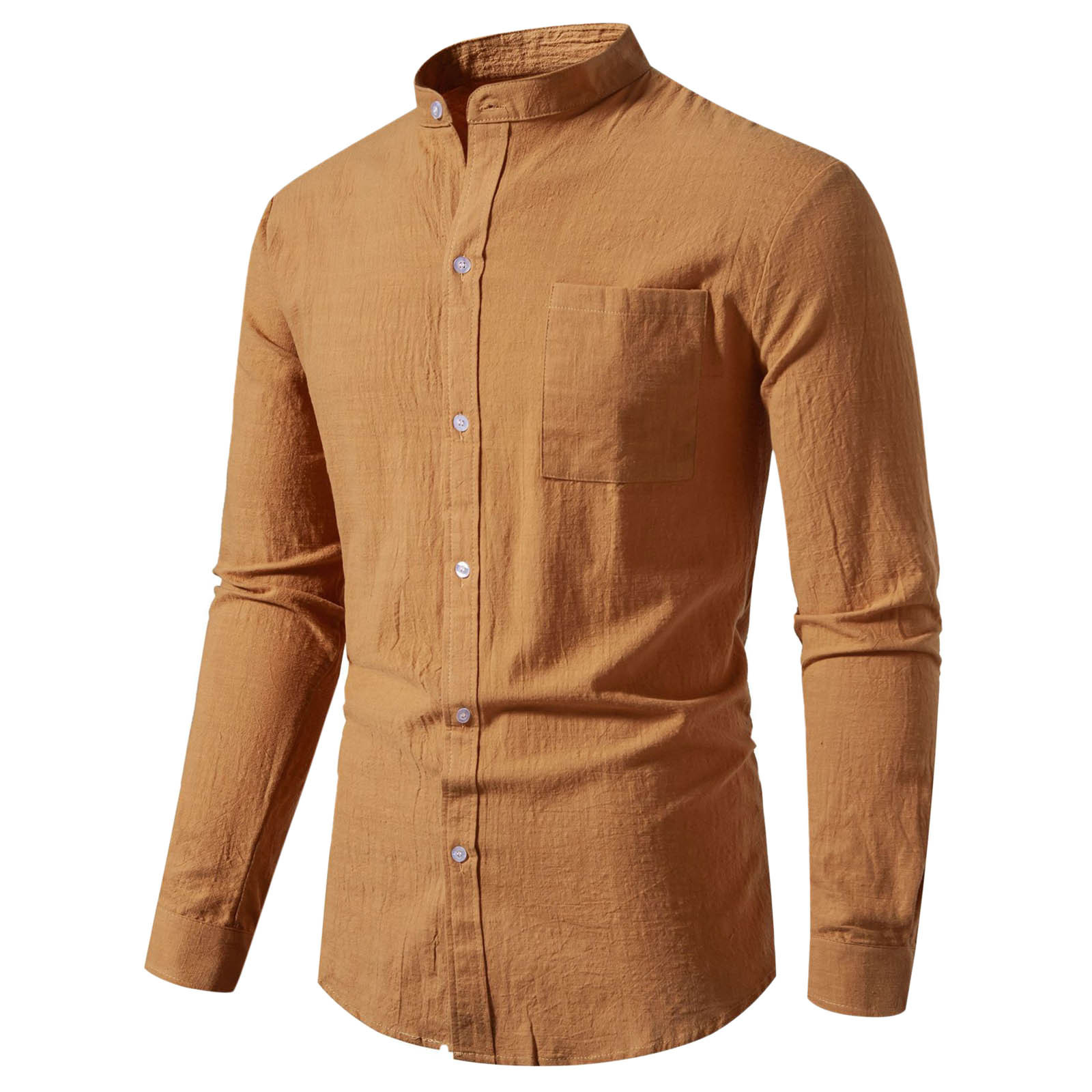 2025 Camisa de manga larga de algodón y lino liso para hombre: corte holgado, botones, informal para la playa o acampadas